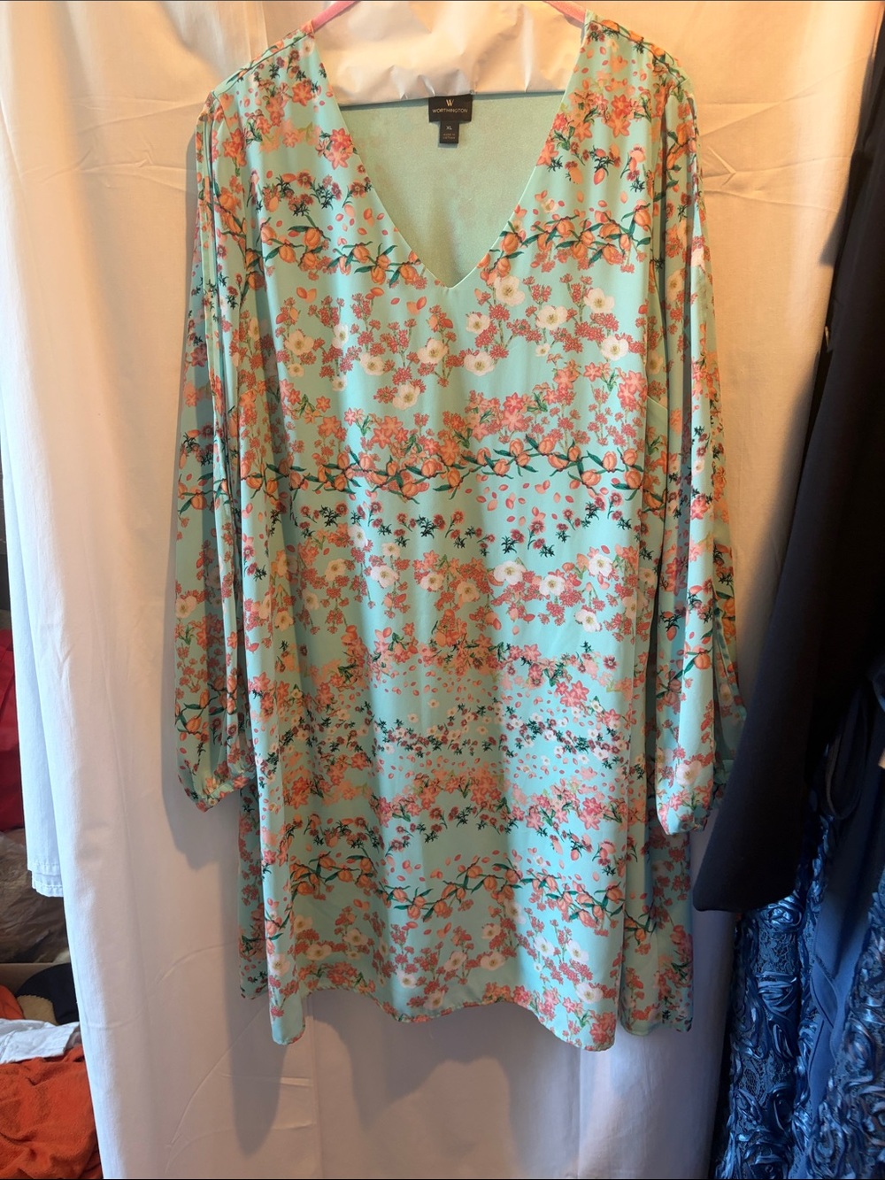 Floral V-Neck Shift Dress in Mint with Coral Blooms